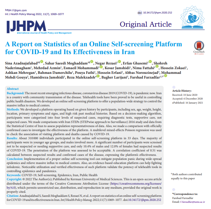 IJHPM's tweet photo. A Report on Statistics of an Online Self-screening Platform for #COVID19 and Its Effectiveness in #Iran
https://t.co/6JVtGndcev
https://t.co/KQT1w8D29y
#Selfscreening #Epidemics #PublicHealth #Epidemiology #IJHPM
@s_azadnajafabad https://t.co/UElXXsN8Av