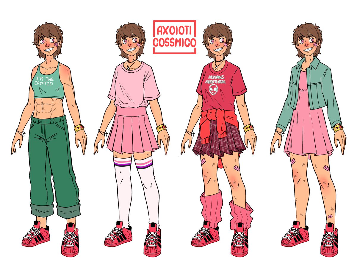 axolotl_cos5's tweet photo. Again drawing.  
I felt that I had to draw the protagonist of my webcomic, Mateo (Mayte), some outfits. In general I feel like she has a Tumblr girl style. https://t.co/kxTmZhMYVS