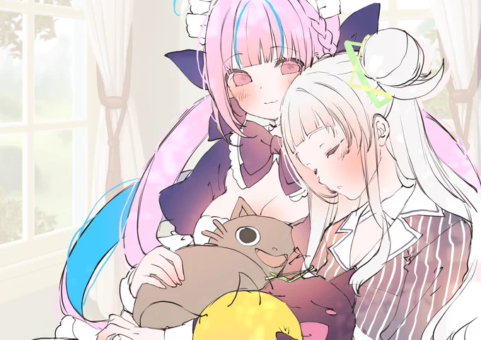 あくしお構図ラフ(*˘︶˘*).。.:*  お題箱から、「湊あくあの肩に紫咲シオンがよりかかって居眠りしてる所」(*˘︶˘*).。.:*