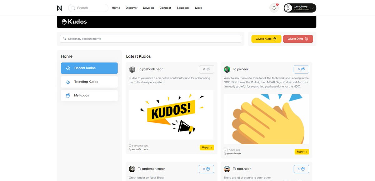 I__am_Foxxy's tweet image. 📢Kudos : on-chain reputation-building on #NEAR 
We seek a #vibrant community 🥷 where #acknowledgment and #appreciation are valued and #rewarded 💵
Every #Kudos count +1 Reputation 🤩 and every #Ding Refers to -1 😭 Get 3 points to claim &quot;Proof Of Kudos&quot; SBT 🎟️
#NDC #FDAO