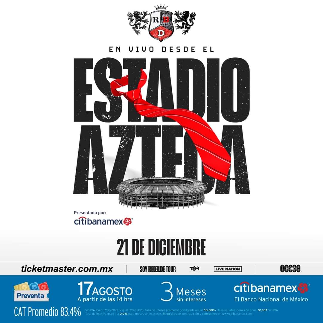 ContextoAleato's tweet photo. ⚠️Última hora⚠️
Nueva fecha de RBD el próximo 21 de diciembre para cerrar su gira 2023, ¡la preventa Citibanamex comienza el 17 de agosto!
#rbd #rbdtour #rbdfans #SoyRebeldeTour #EstadioAzteca #PreventaCitibanamex https://t.co/JXHJWpd93F
