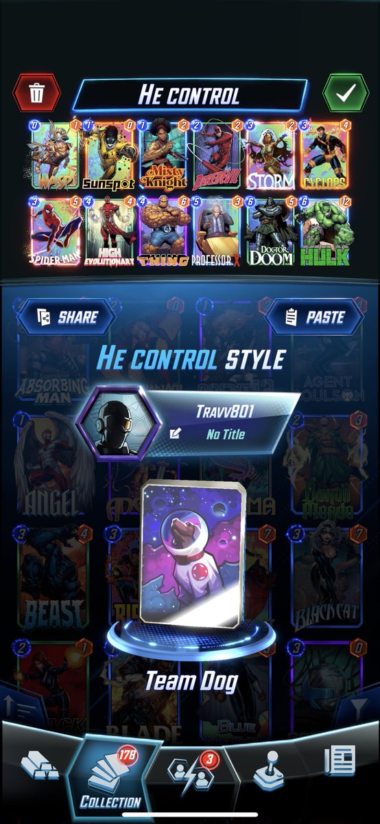 Travv801's tweet photo. Easiest Infinite to date. Likely some lucky games, but fun to play.

Needed to run something that doesn’t have Pig or Jeff as I lack both. 

HE wasn’t cutting it in 90’s, partially due to Thing nerf on top of other nerfs.

Around an 80% win rate with 25 games. #MarvelSnap https://t.co/FfSFygcQu0