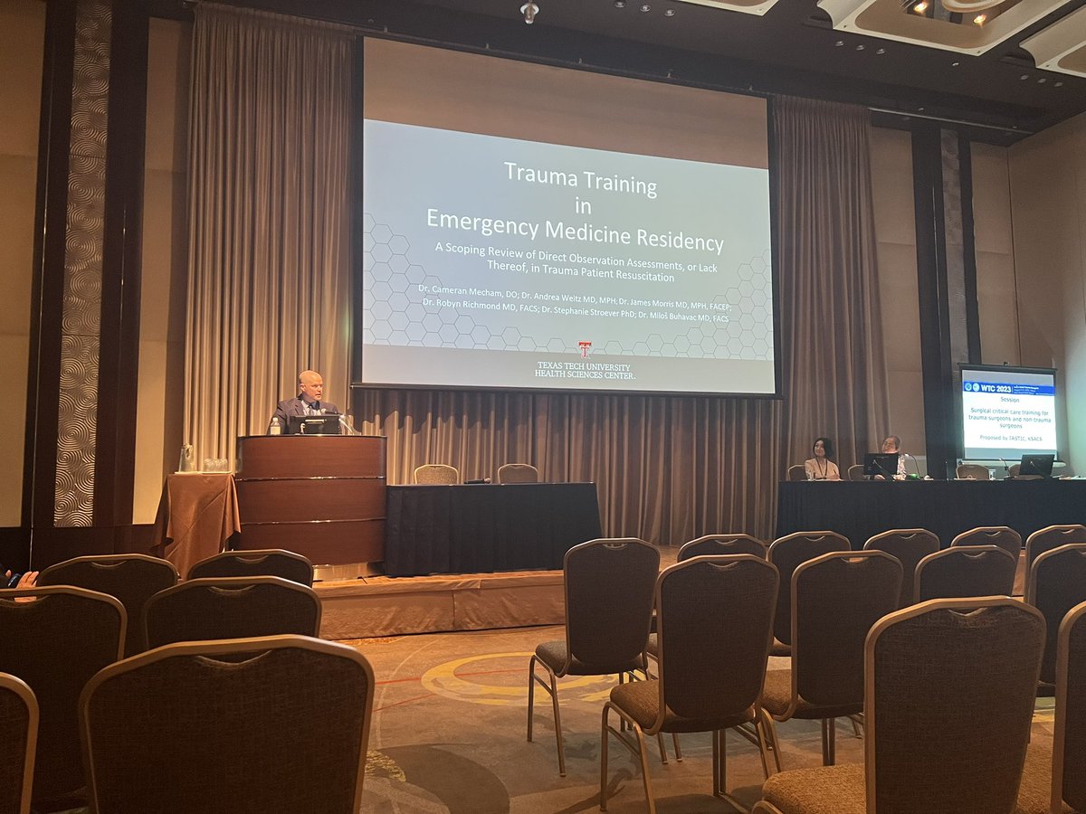 Great job by Dr. Cam Mecham to address the lack of education for EM residents in trauma resuscitations at #WTC2023. @TexasTechEM working with @robynrichmondmd, @AndreaWeitz3, @sstroever and @TTUHSCSurgery on ground breaking work. Tune in for the answer from @AndreaWeitz3.