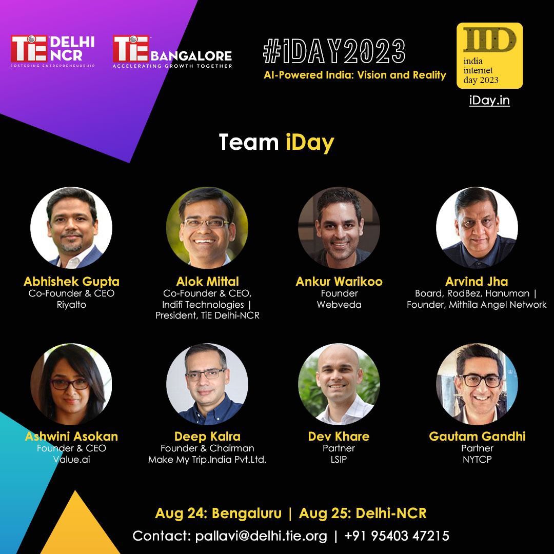TiEBangalore's tweet image. Introducing Team #iDay2023.

Save the Date: 24th August (Bengaluru) &amp;amp; 25th August (Delhi-NCR)
Register now at: events.tie.org/IndiaInternetD…

#IndiaInternetDay2023 #iDay2023 #Conference #ArtificialIntelligence