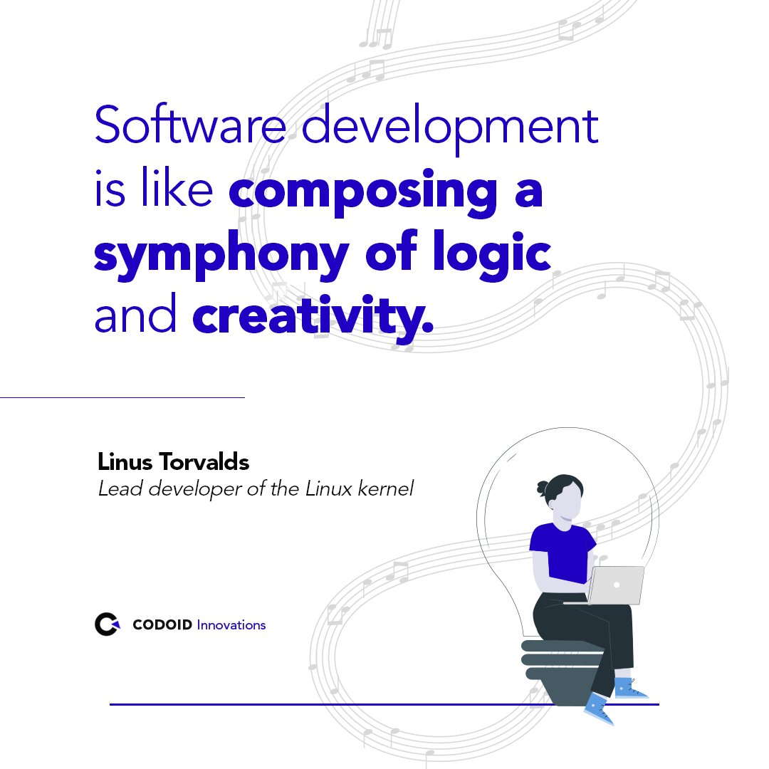 codoid's tweet image. &quot;Software development is like composing a symphony of logic and creativity.&quot; 
- Linus Torvalds, lead developer of the Linux kernel

#codoid #codoidquotes #softwaredevelopment #qaquotes #qacompany #softwaredevelopmentservices #softwaredevelopmentcompany #linustorvalds #linuskernel
