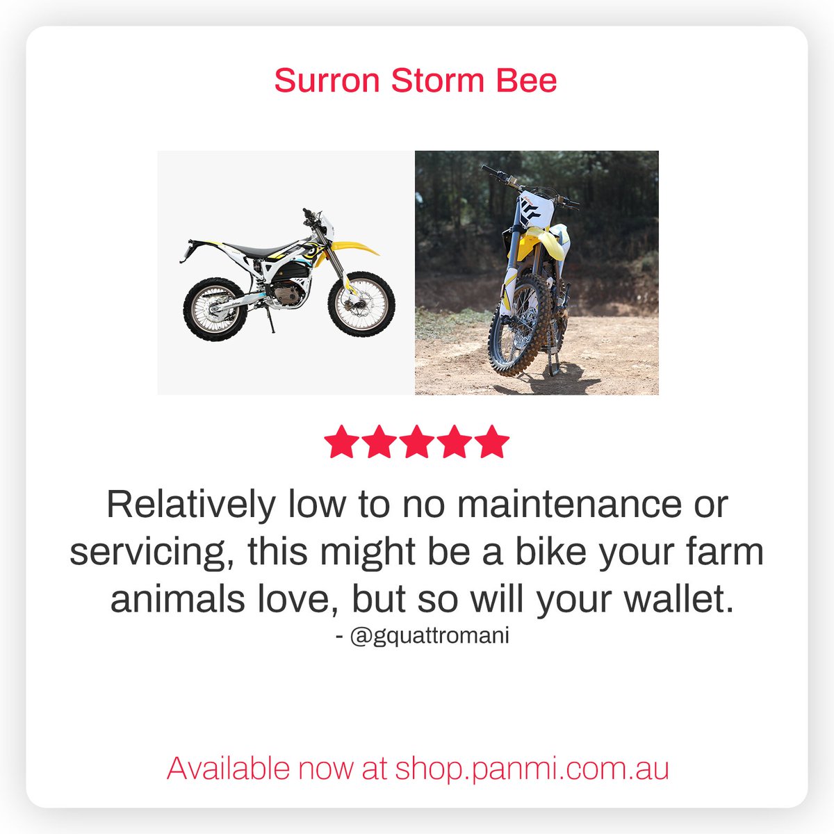 You heard it here first #SurronStormBee ! We love to hear your feedback, don't shy away from leaving a review or sending us a message 💬

#Testimonial #Review #Panmi #Deal #5STAR