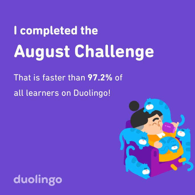 frankjunkim's tweet photo. I completed the August challenge faster than 97.2% of all learners on Duolingo! https://t.co/bHvNgwGcEb