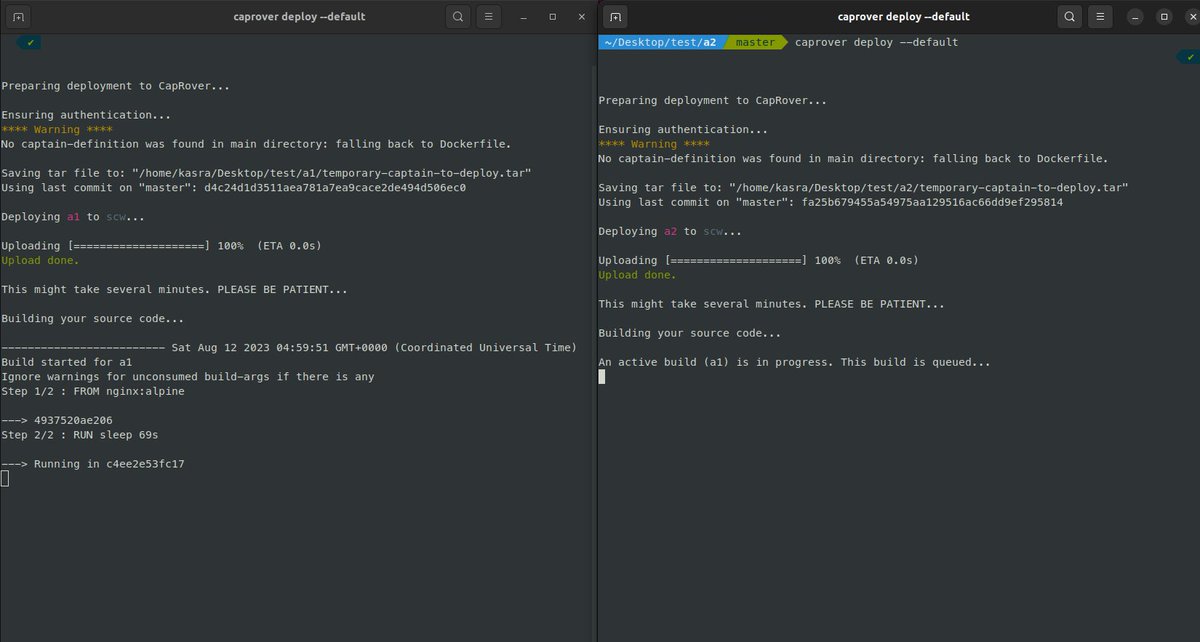 cap_rover's tweet photo. @JordanHall_dev @heyandras FTR this is what it looks when you have an active build and you trigger a second app deployment. Right panel waits until the left panel is done. https://t.co/Nu8ECCE74P