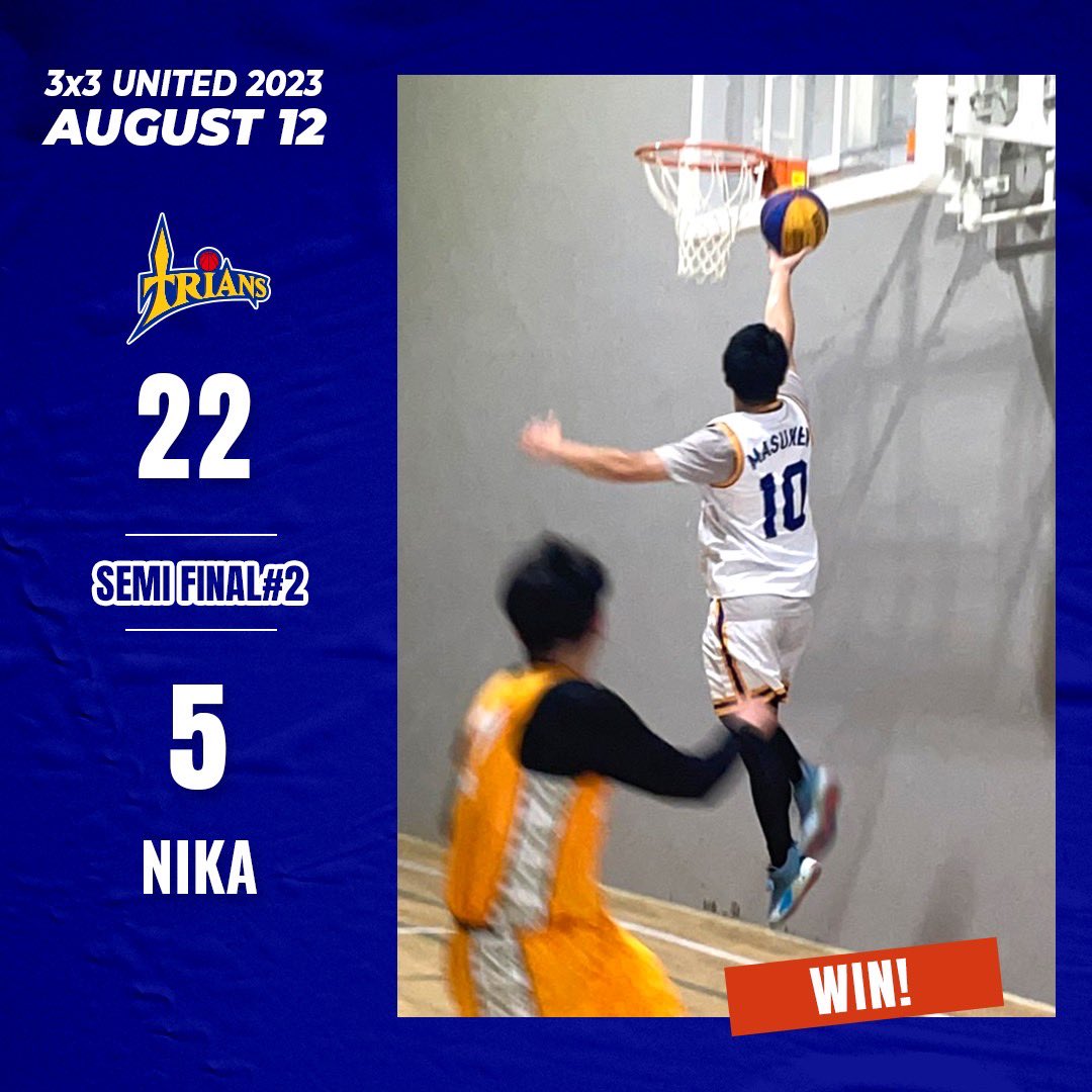Trians_Official's tweet photo. 3x3UNITED Central Area KOBE DPRO Round🏀
前日予選　結果報告！　

＜SEMI FINAL#2＞
TRIANS　VS　NIKA
　【22】-【5】

予選-決勝進出🔥🔥🔥
引き続き、ご声援よろしくお願い致します

#TRIANS #トライアンズ #3x3UNITED #Kkobe_dpro_exe #3x3 #basketball https://t.co/cn42OG5oD8