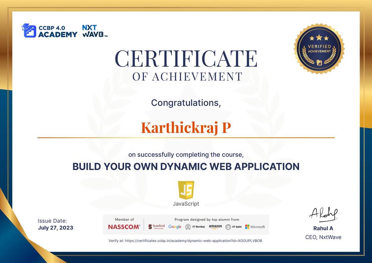 karthickraj29's tweet photo. Hello everyone ππ
i finished my JavaScript course so i got a certificate form @nxtwave_tech
#javascript #nxtwave #ccbp #Python
#programming #Java #nxtwaveteam #ccbpians #js #nxtwavetech #ccbpian https://t.co/HLvyBOcNcY