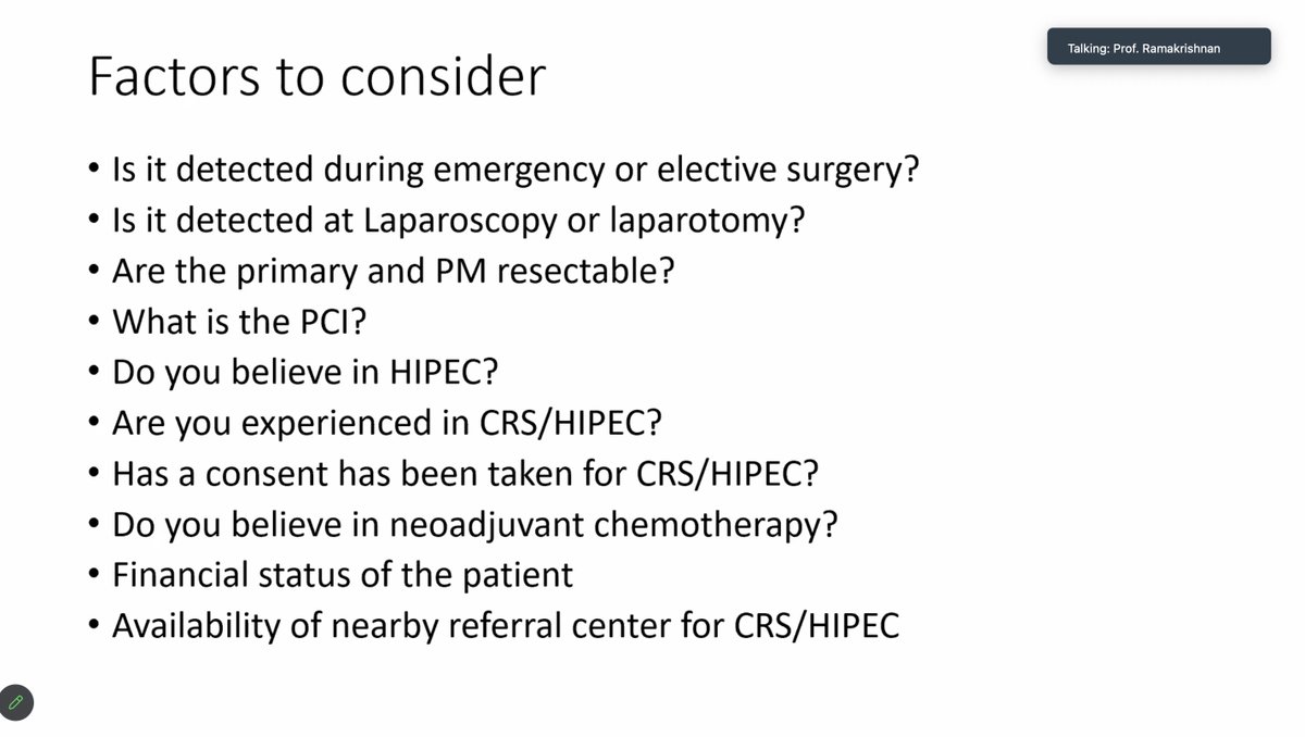 indepso's tweet photo. A thought provoking presentation by #RamakrishnanAS on incidentally detected PM
Final verdict by @PSugarbaker
-When incidental PM are detected with all the expertise and infrastructure at hand, go all out and resect the disease
-don't forget to perform a biopsy and confirm PM https://t.co/TRxAMsEBAX