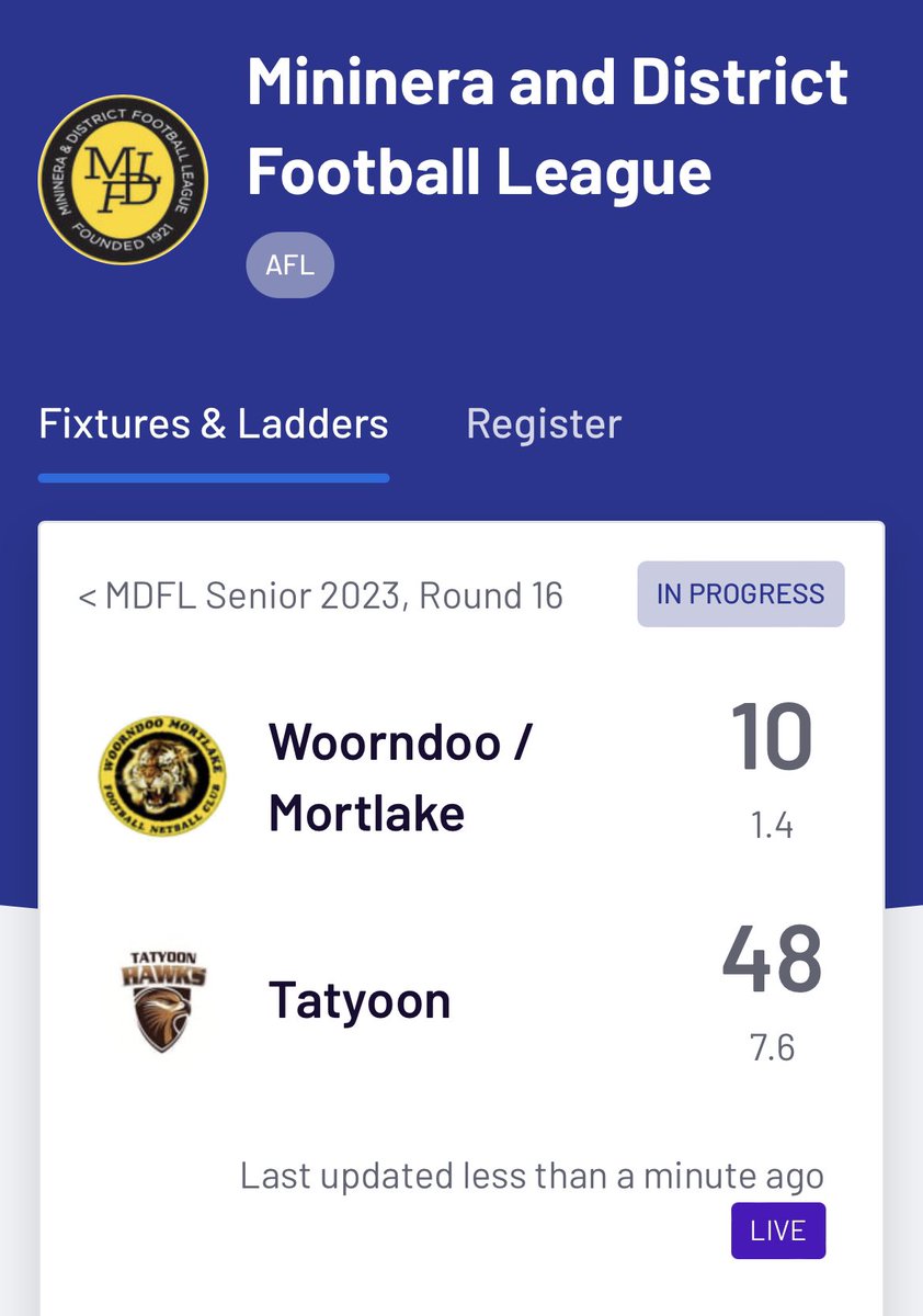 #mdfl
 Woorndoo V Tatyoon
Half Time