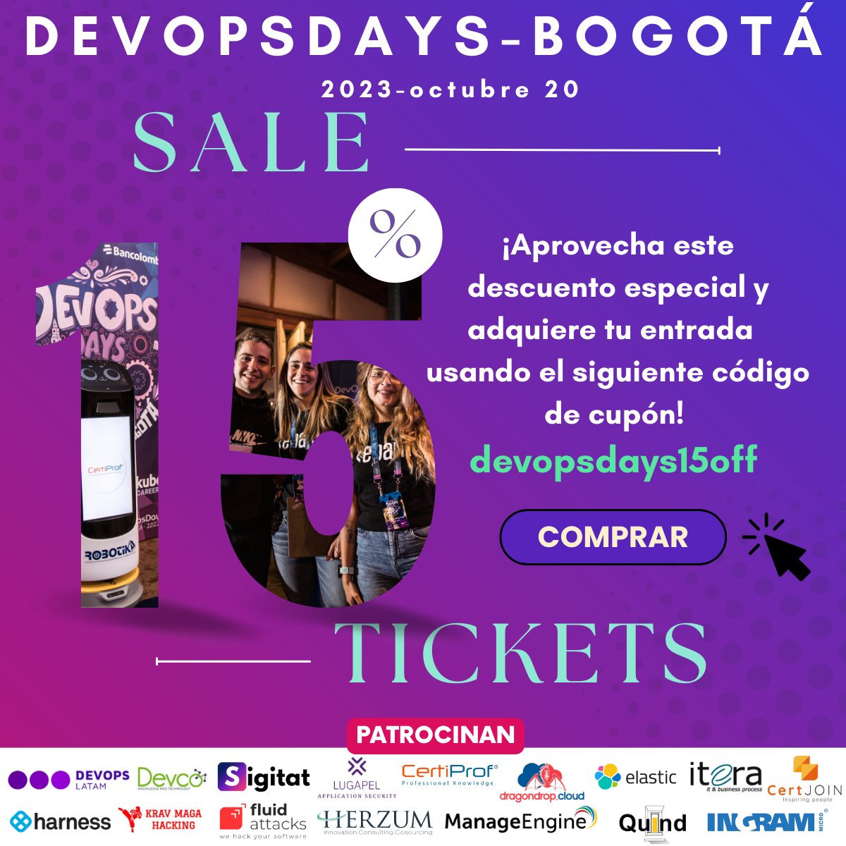DevopsdaysB's tweet image. 🎉 ¡No pierdas la oportunidad de ser parte del DevOpsDays Bogotá 2023! 🚀 Descubre las últimas tendencias en tecnología y cultura DevOps. Compra tus entradas con un 15% de descuento usando el código DEVOPSDAYS15OFF. ¡Código limitado, actúa rápido! #DevOpsDaysBogotá2023