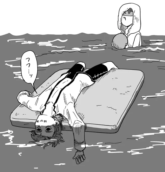 なんかラクガキ でかいビート板に寝っ転がって、この体勢で水面のキラキラを楽しむのが好きだった。