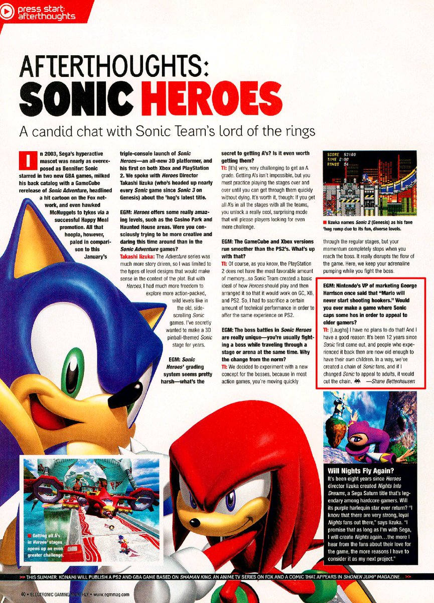 semifreqsonic's tweet photo. In the February 2004 issue of Electronic Gaming Monthly, the director of Sonic Heroes, Takashi Iizuka was asked if he would ever make a game where Sonic the Hedgehog would "cap some hos."

Iizuka responded while laughing, "I have no plans to do that!" https://t.co/0mT4bNwUfu