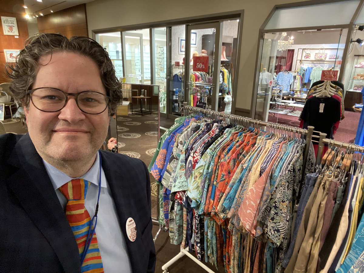 elliotthaut's tweet image. Hawaiian shirts for sale in the hotel lobby at #WTC2023 in Tokyo, Japan? Seriously?