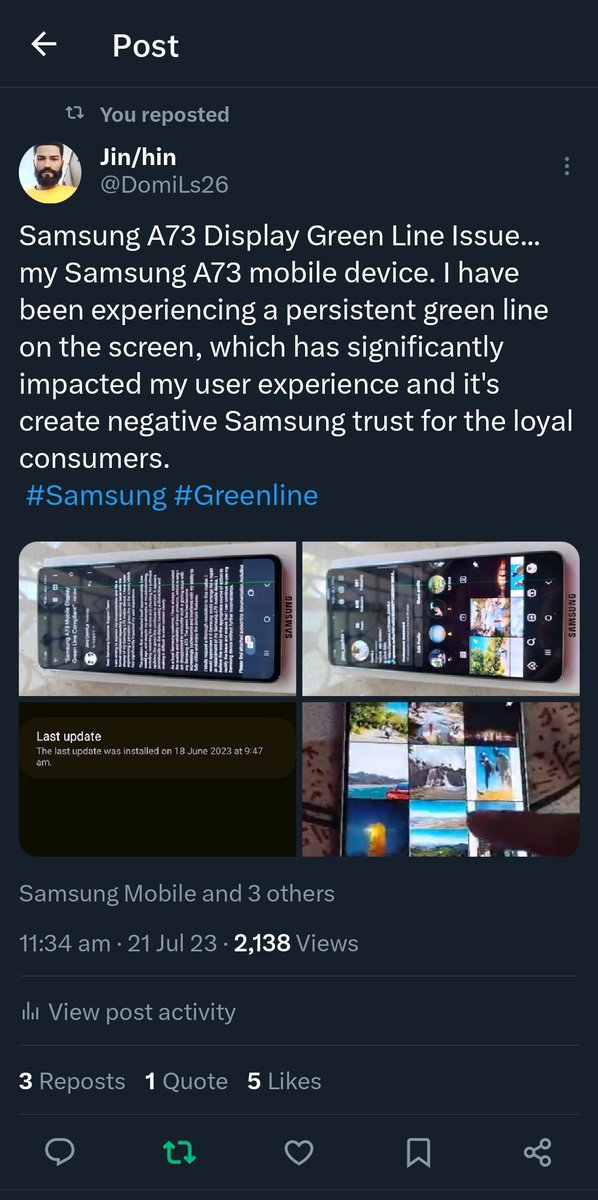 DomiLs26's tweet photo. @SamsungIndia 
@SamsungMobile 
#GreenLineIssue
@MKBHD 
@Mrwhosetheboss
@TamilTechOffici
@C4ETech 
@TechBossIndia https://t.co/r9hnT2BtK2
