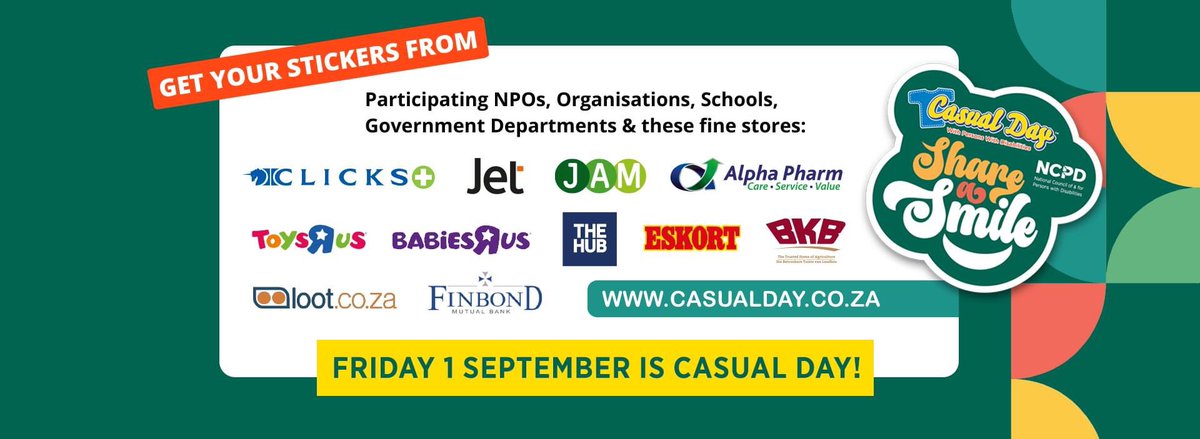 TheNCPDZA's tweet photo. This is your weekend reminder to go out today and get your Casual Day Stickers from these fine stores or support your local participating NPO or community based organisation. #ShareASmile #CasualDay is 3 weeks away! https://t.co/3O0881xVzN