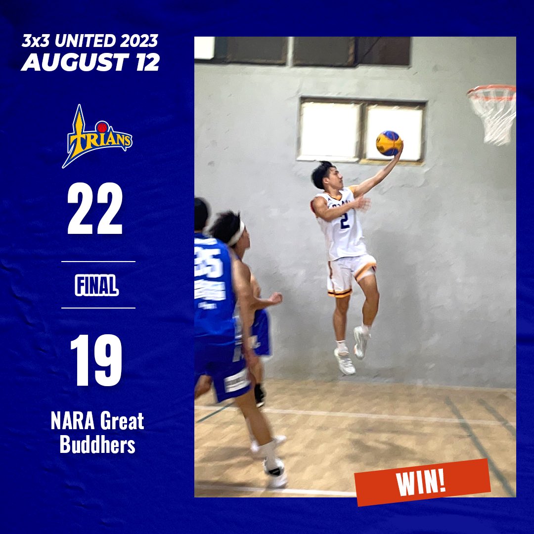 Trians_Official's tweet photo. 3x3UNITED Central Area KOBE DPRO Round🏀
前日予選　優勝！😂　

＜FINAL＞
TRIANS　VS　NARA Great Buddhers
　【22】-【19】

明日13日(日)、本戦出場🔥🔥🔥

#TRIANS #トライアンズ #3x3UNITED #Kkobe_dpro_exe #3x3 #basketball https://t.co/AGukOuMmRN