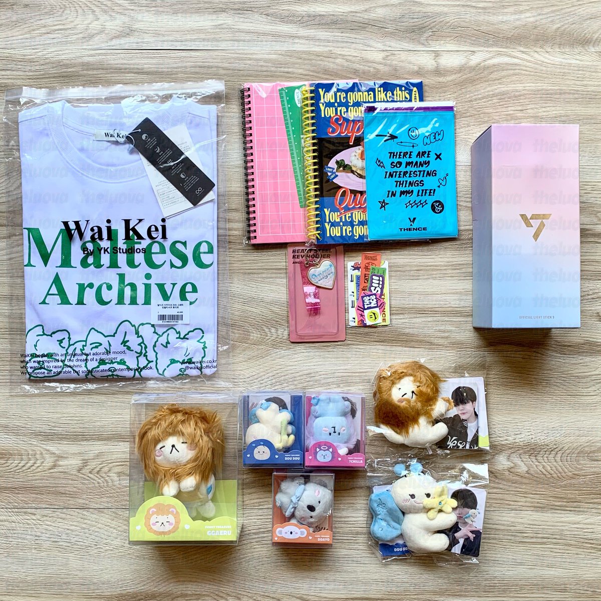 theluova's tweet photo. #arrivedtheluova personal order maltese archive t-shirt; thence kr; lightstick seventeen v2; treasure funny plush https://t.co/rQOz0XQrve