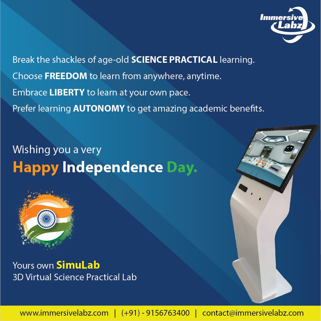 ImmersiveLabz's tweet photo. 𝗪𝗶𝘀𝗵𝗶𝗻𝗴 𝘆𝗼𝘂 𝗮 𝘃𝗲𝗿𝘆 𝗛𝗮𝗽𝗽𝘆 𝗜𝗻𝗱𝗲𝗽𝗲𝗻𝗱𝗲𝗻𝗰𝗲 𝗗𝗮𝘆!
Website: https://t.co/5TgtXQZ0Nc
#immersivelab #independencedayindia #happyindependenceday #education #independencedaycelebration #medicaldevice #sciencepractical #freedom #simulab #cadaviz https://t.co/wnKQC4yTqu