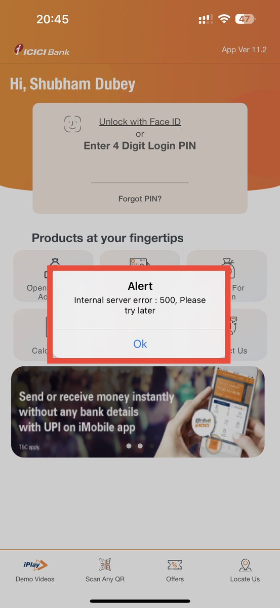 sdubeyofficial's tweet photo. ICICI iMobile Pay did not work for 2–3 days. An error message shows "internal server error: 500. Please try again" Could you please fix it? No app update is available. @ICICIBank https://t.co/9cpCKyf3ea