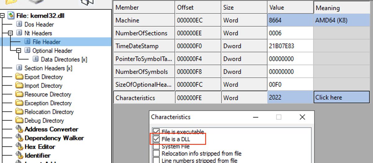 RE tip of the day: To understand if the provided Windows executable is a DLL or not, check this particular boolean flag of the Characteristics field in the File Header structure. Non-DLLs may also have Export Directory items. #infosec #cybersecurity #malware #reverseengineering