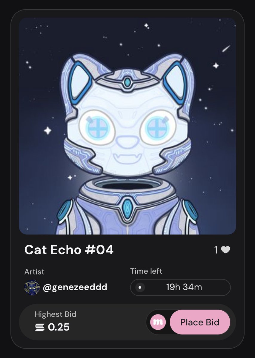 Cat Echo #04 🦾
⏰ 19 hours left

The lead is @motmot_crypto 
Thank you for bidding my Cat Citizens. Meow😆🎊

Join the auction, link below 👇🏻