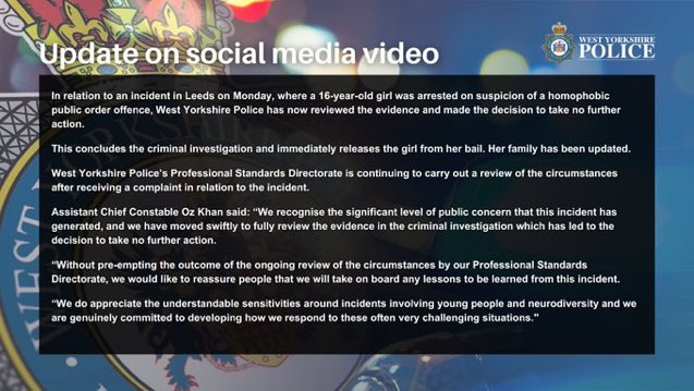 This should never have happened in the first place. Simply shameful overreaction by @WestYorksPolice to an innocuous comment by an autistic child.