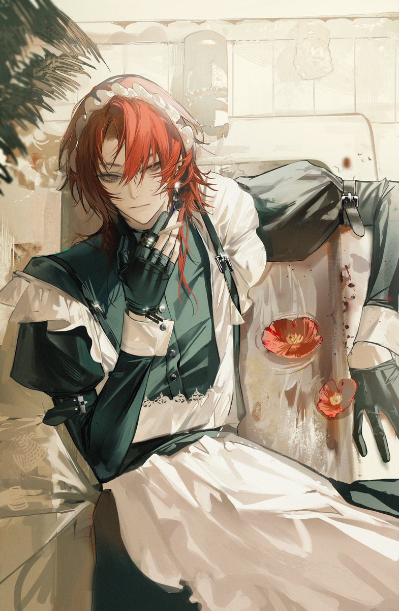 1boy male focus gloves red hair maid apron flower  illustration images