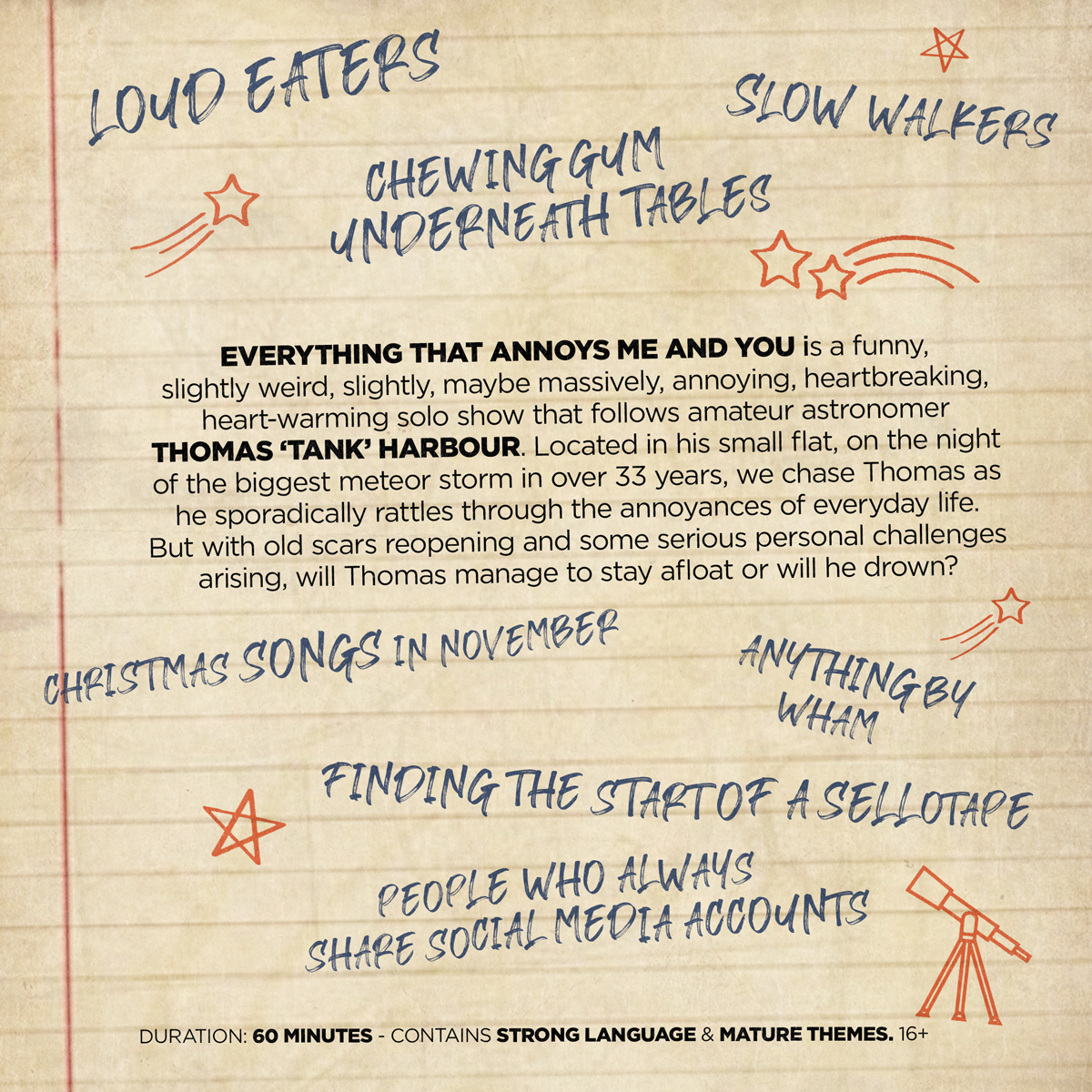 If you like jokes, drama, space, stars, lists or if you just like to complain, THEN THIS SHOW IS FOR YOU!

BOOK NOW FOR #edfringe #edfringe23 #edinburghfringe @greensidevenues <a href="/edfringe/">Edinburgh Festival Fringe</a>  A SOLO 'STORYTELLING MASTERCLASS'

tickets.edfringe.com/whats-on/every…