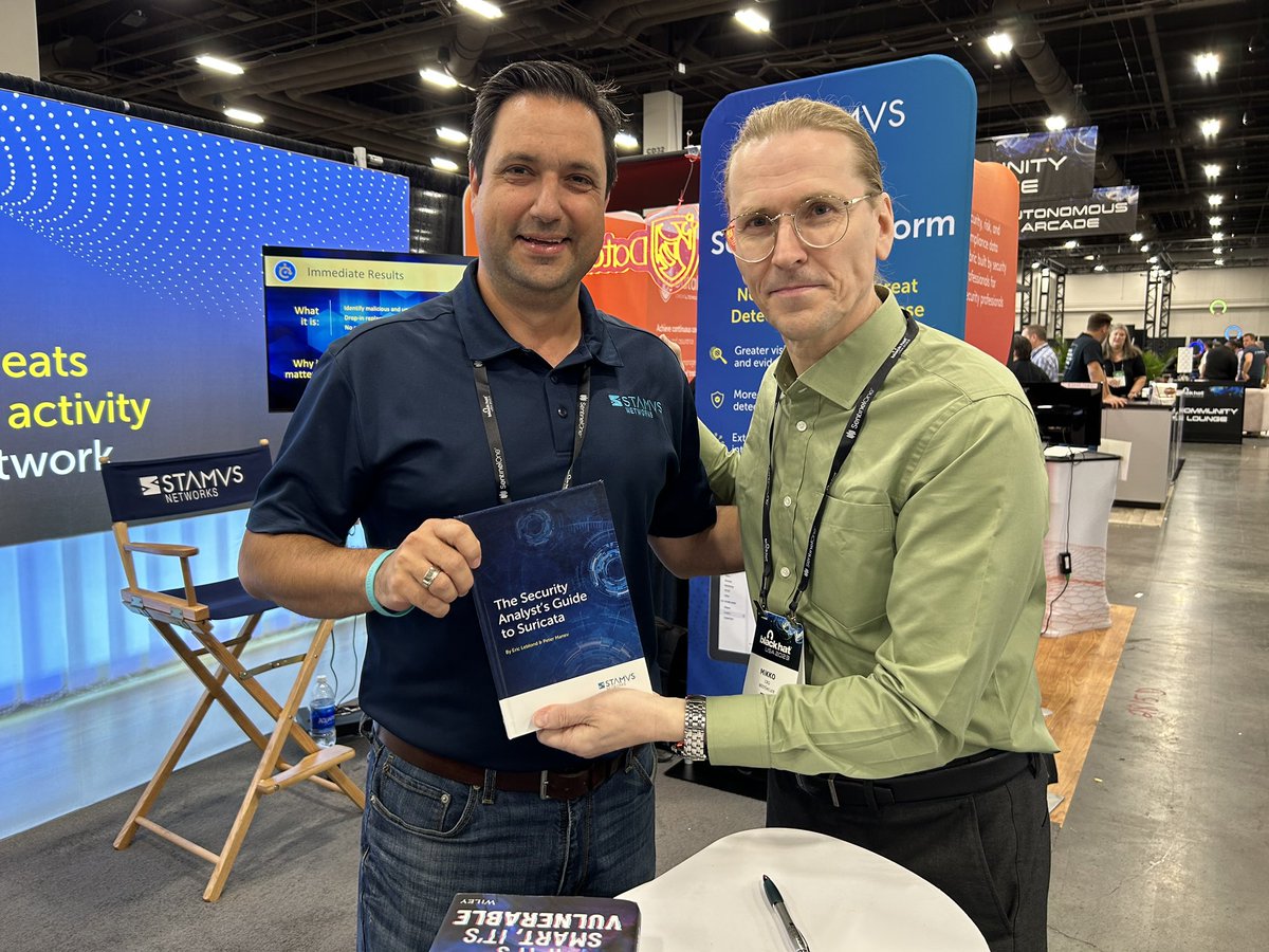 The signature and book exchange: “The Security Analyst’s Guide to #Suricata” by @pevma and @Regiteric , “If it’s smart it’s vulnerable” by @mikko Mikko Hyppönen at #BlackHat2023 , I am honored to have a signed copy !