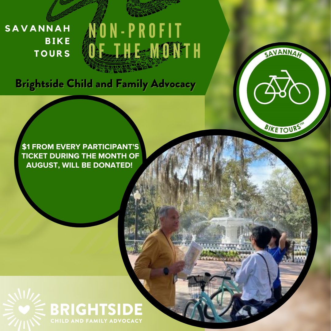 We're honored to partner with Savannah Bike Tours for August's Non-Profit of the Month! $1 from every participant's ticket will be donated to Brightside Child and Family Advocacy! 

#savannahbiketours #changeachildsstory #visitsavannah #savannahcasa #thebrightside