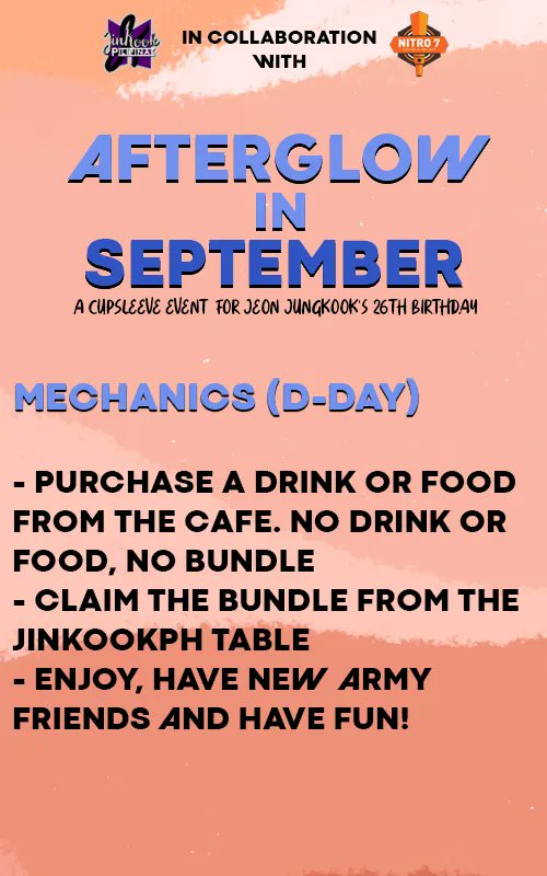 JinKookPH's tweet photo. ✨ AFTERGLOW in SEPTEMBER: Jeon Jungkook's 26th Birthday Cupsleeve Event ✨

REGISTER for FREE and let's celebrate Jungkook's birthday together again!

Limited slots available so grab your free your slots! 💜

REGISTER HERE: https://t.co/1sd5JFrmJ6

#AfterglowInSeptember https://t.co/UvFJCH3zWI