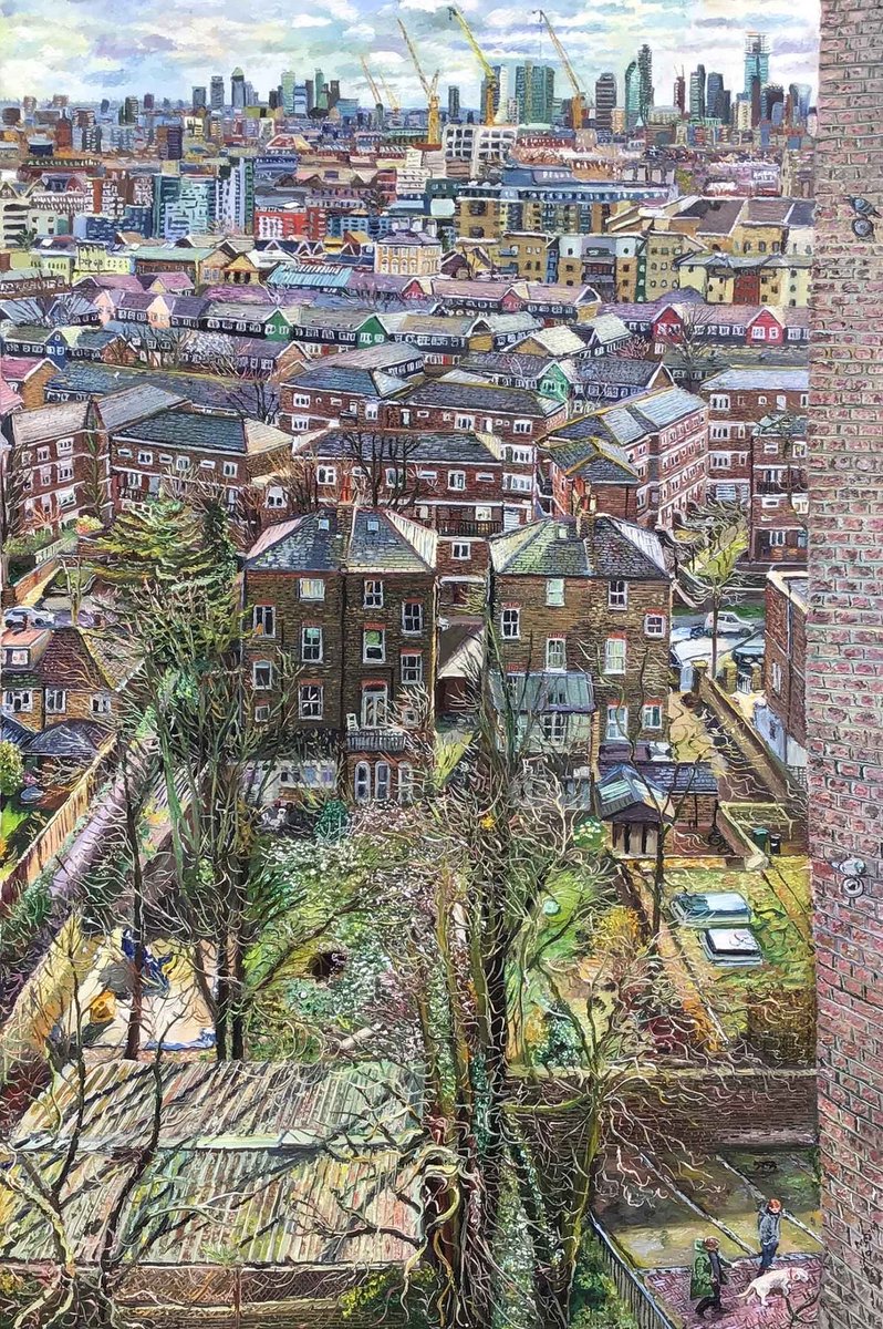 It wouldn’t  be fair to leave the ‘Urban Art’  scene without mentioning and  posting pictures by the fabulous artist  Melissa Scott-Miller ‘March Sunlight on Islington Gardens’.  A remarkable piece of work. The detail so well observed and painted