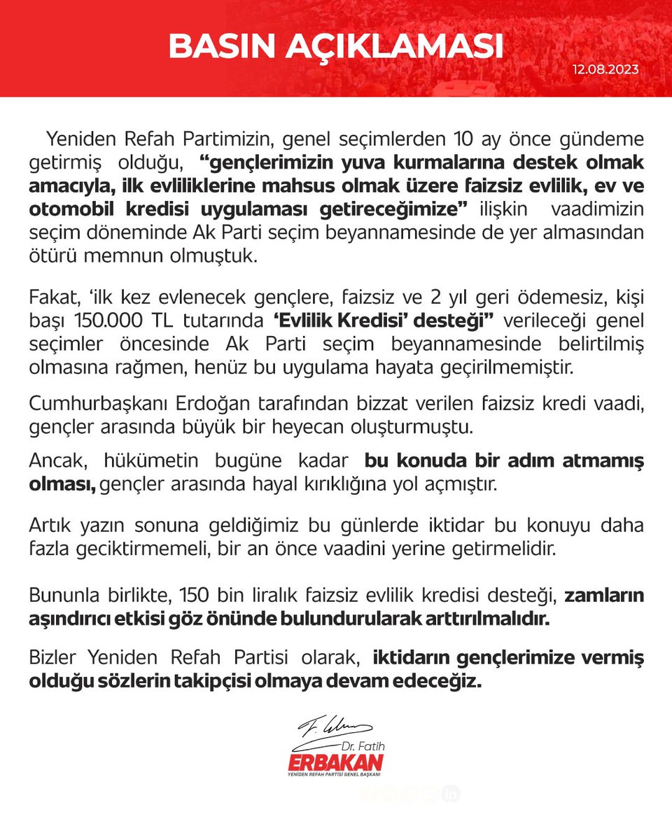 erbakanfatih's tweet photo. Bizler Yeniden Refah Partisi olarak, iktidarın gençlerimize vermiş olduğu sözlerin takipçisi olmaya devam edeceğiz. https://t.co/QaeWPhinxT