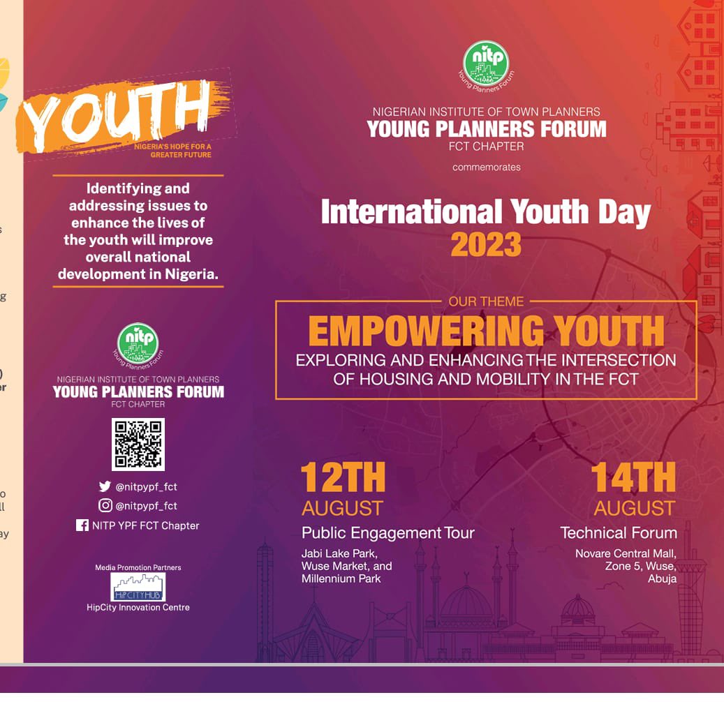 HipcityHub's tweet photo. The Young Planners Forum is celebrating #YouthDay2023 by addressing key urban issues of Housing and Mobility in the FCT through a Public Engagement Tour and a Technical Forum.  @nitpng 

Join the public engagement tour at Jabi Lake Park today. See flyer for more details. https://t.co/Z3ghaaoSTS