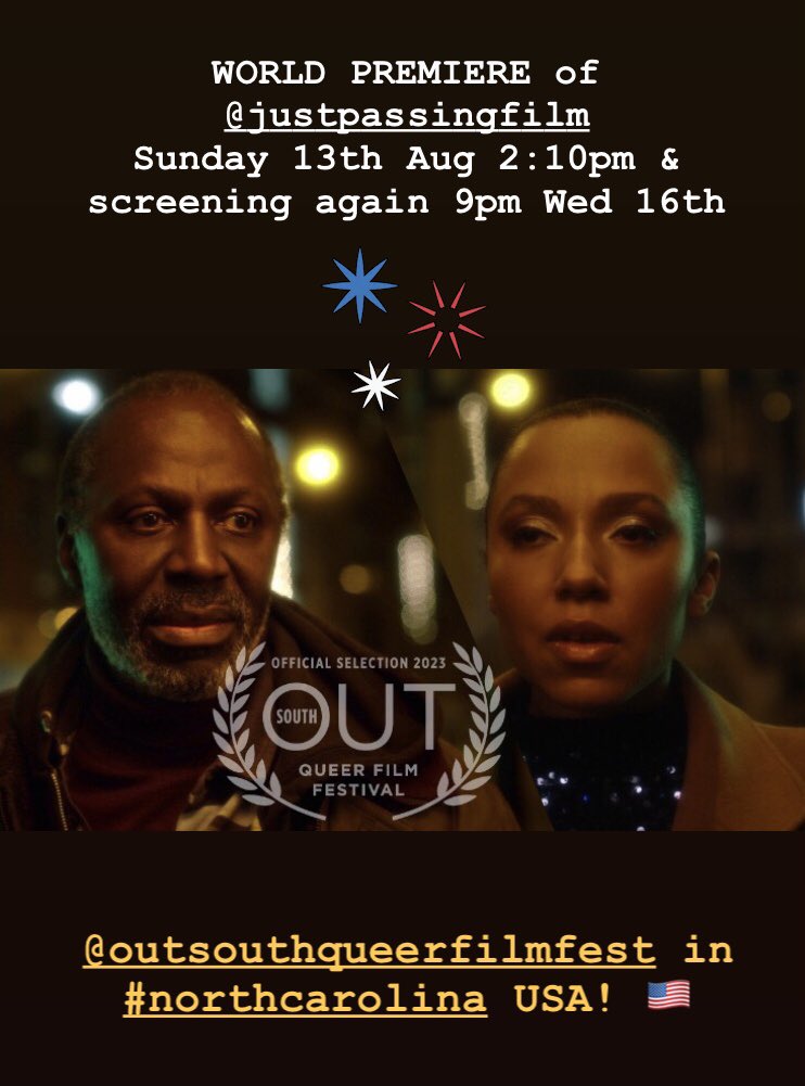 1/3) 📣🇺🇸US friends! Catch the premiere of #JustPassingFilm <a href="/CarolinaDurham/">Carolina Theatre</a> part of <a href="/OutSouthFest/">OUTSOUTH Queer Film Festival</a> SIX-PACKS” programme! 

Starring #CyrilNri ✨<a href="/LeannOKasi/">Leann O'Kasi</a> 

Tickets 🎟 ⬇️ #usa