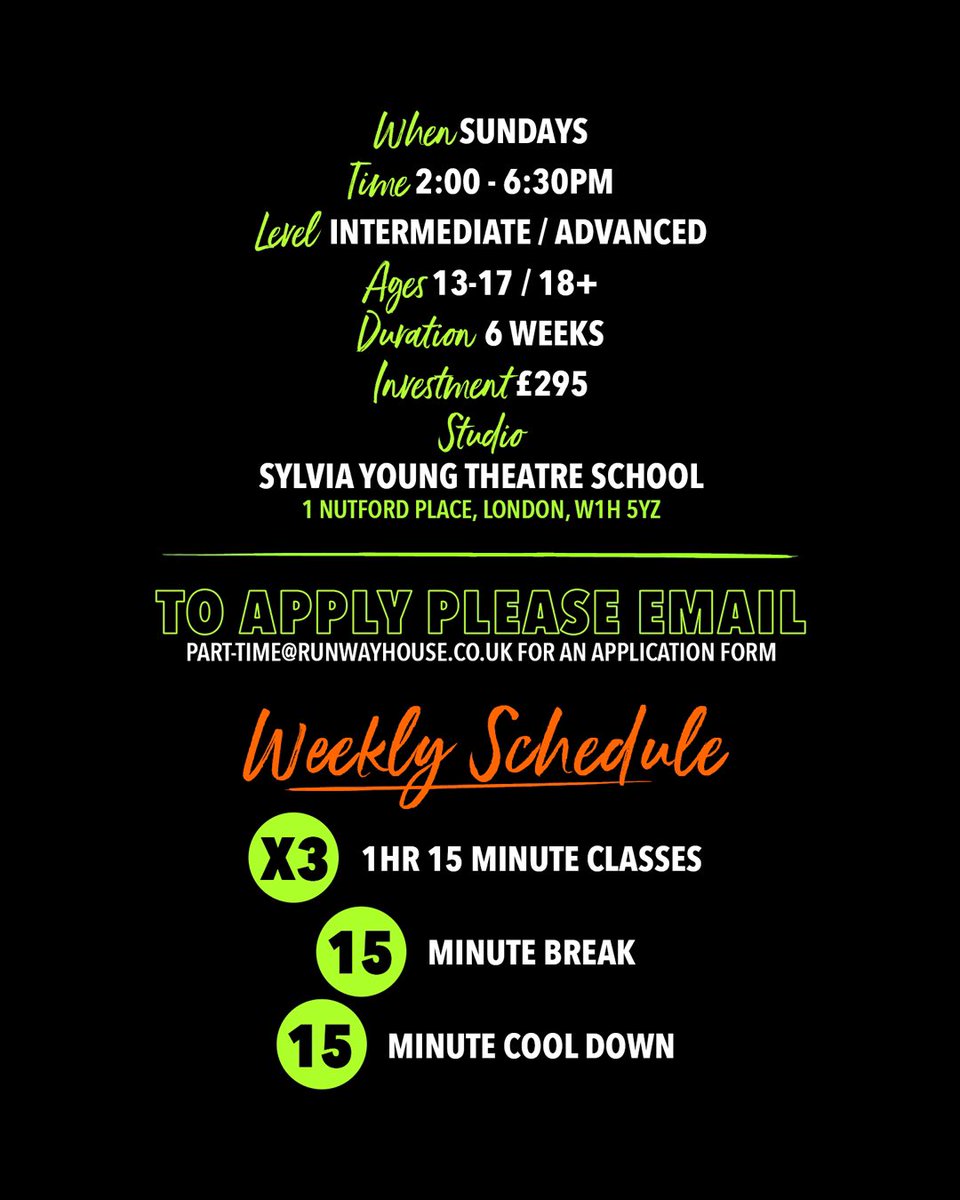 Runway House (@runway_house) on Twitter photo APPLICATIONS OPEN.
๐๏ธ Sunday 17th Sept - Sunday 22nd Oct 2023
โฐ 2:00pm - 6:30pm
๐ London, Sylvia Young Theatre School
๐ง part-time@runwayhouse.co.uk for an application form.
๐ธDeadline - Sunday 3rd September APPLICATIONS OPEN.
๐๏ธ Sunday 17th Sept - Sunday 22nd Oct 2023
โฐ 2:00pm - 6:30pm
๐ London, Sylvia Young Theatre School
๐ง part-time@runwayhouse.co.uk for an application form.
๐ธDeadline - Sunday 3rd September