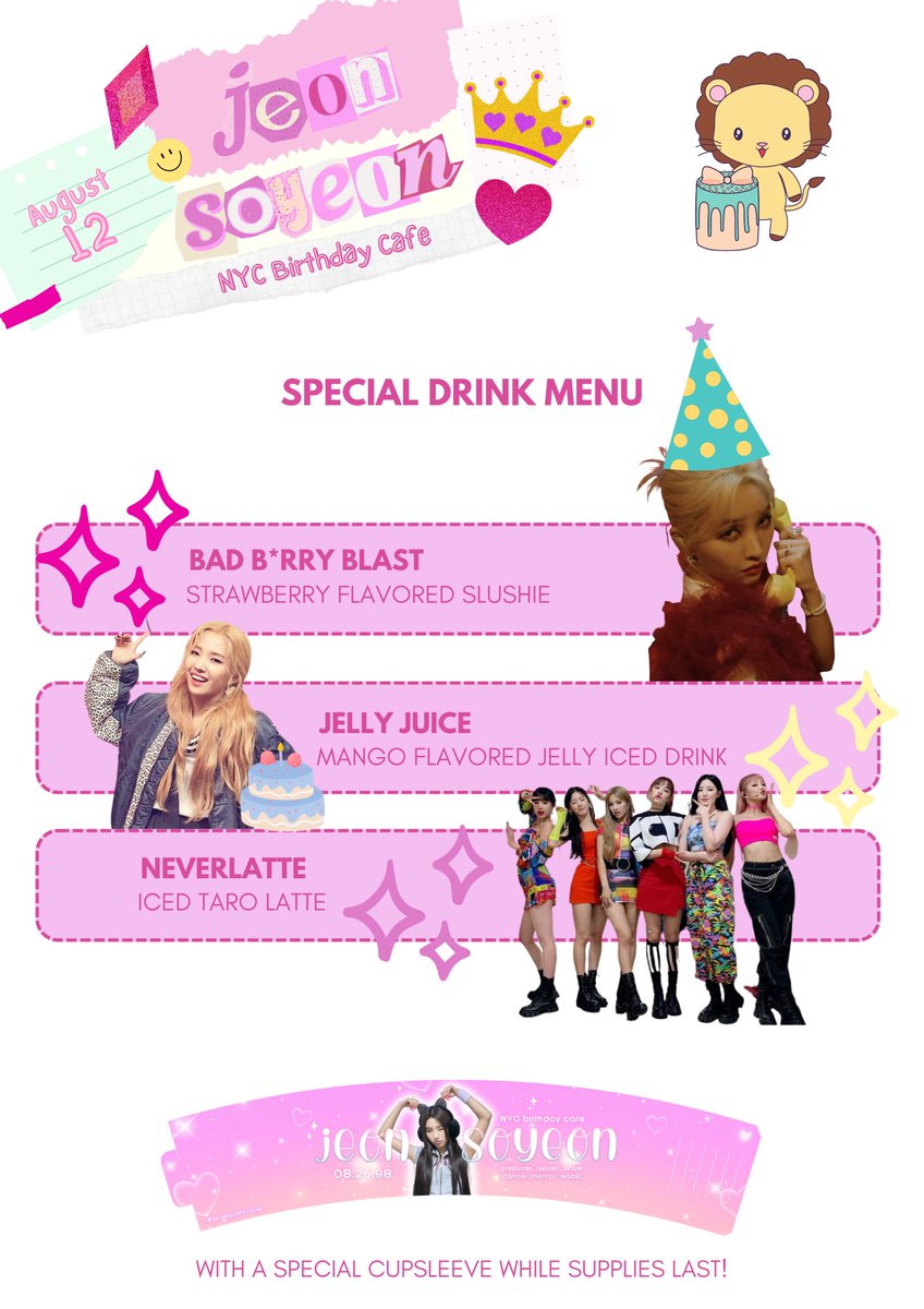 WelcomeToWindys's tweet photo. ☀️Windy's would like to announce the drink menu for Jeon Soyeons NYC Birthday cafe! 

🍓The Bad B*rry Blast 
For our Strawberry Lovers!
🍹The Jelly Juice
A taste of  refreshing mango to beat the suns beam beam!
☕️The NeverLatte
Og latte Og Neverland

☀️have a windy day!☀️ https://t.co/sodf4oxAlY