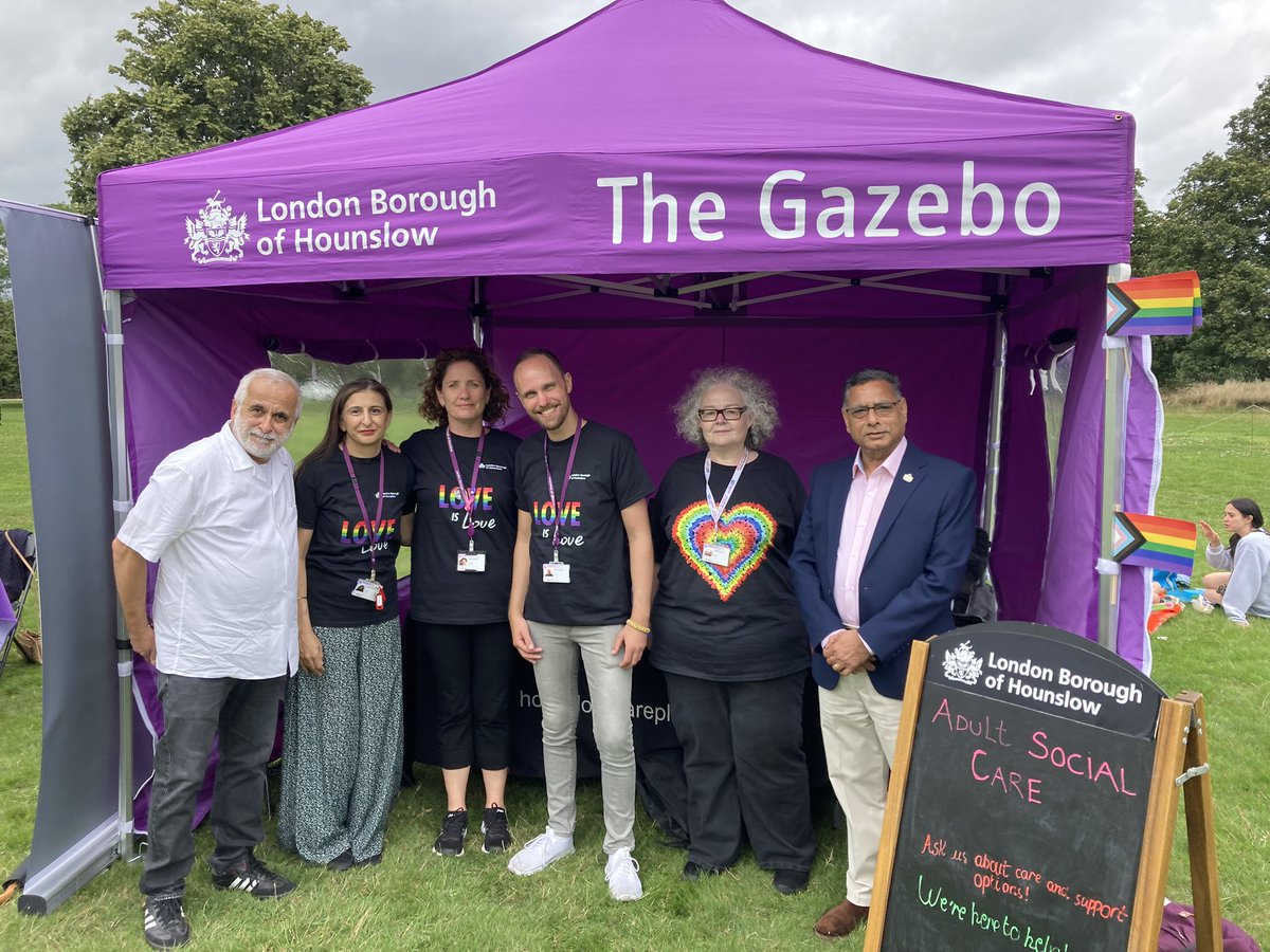 's tweet image. Local Ward Councillor @tonylouki (left) joins Cabinet Member for Communities, Equalities &amp;amp; Culture, Cllr Shivraj Grewal (right) and our Adult Social Care/Fostering crew @MiddlesexPride in Osterley Park. Come down! The fun goes on until 6pm.