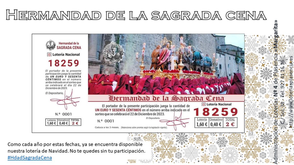 margaps's tweet photo. Hermandad de la Sagrada Cena ya tiene a la venta la lotería para el sorteo de Navidad, como cada año su número abonado, el 18.259. Suerte!!!
https://t.co/i5mJKLO56f
#HdadSagradaCena #Plasencia #GordoDeNavidad #loteriasplasencia #GranPremio #sorteo #sol38 #margarita #navidad https://t.co/G61Iswad1S