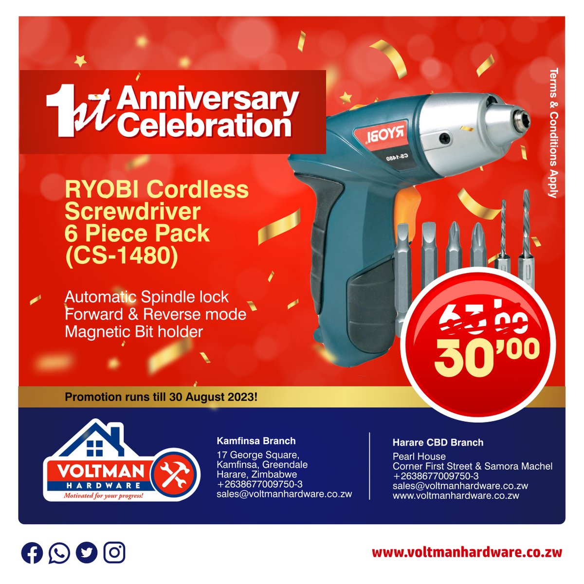 VoltmanHardware's tweet photo. As we Celebrate our 1 year this month of August grab yourself something handy from us at Voltman Hardware. Motivated for your progress!!.
#anniversary
#VoltmanHardware
#diygiant
#hardware
#ryobi https://t.co/S62hwr45dz