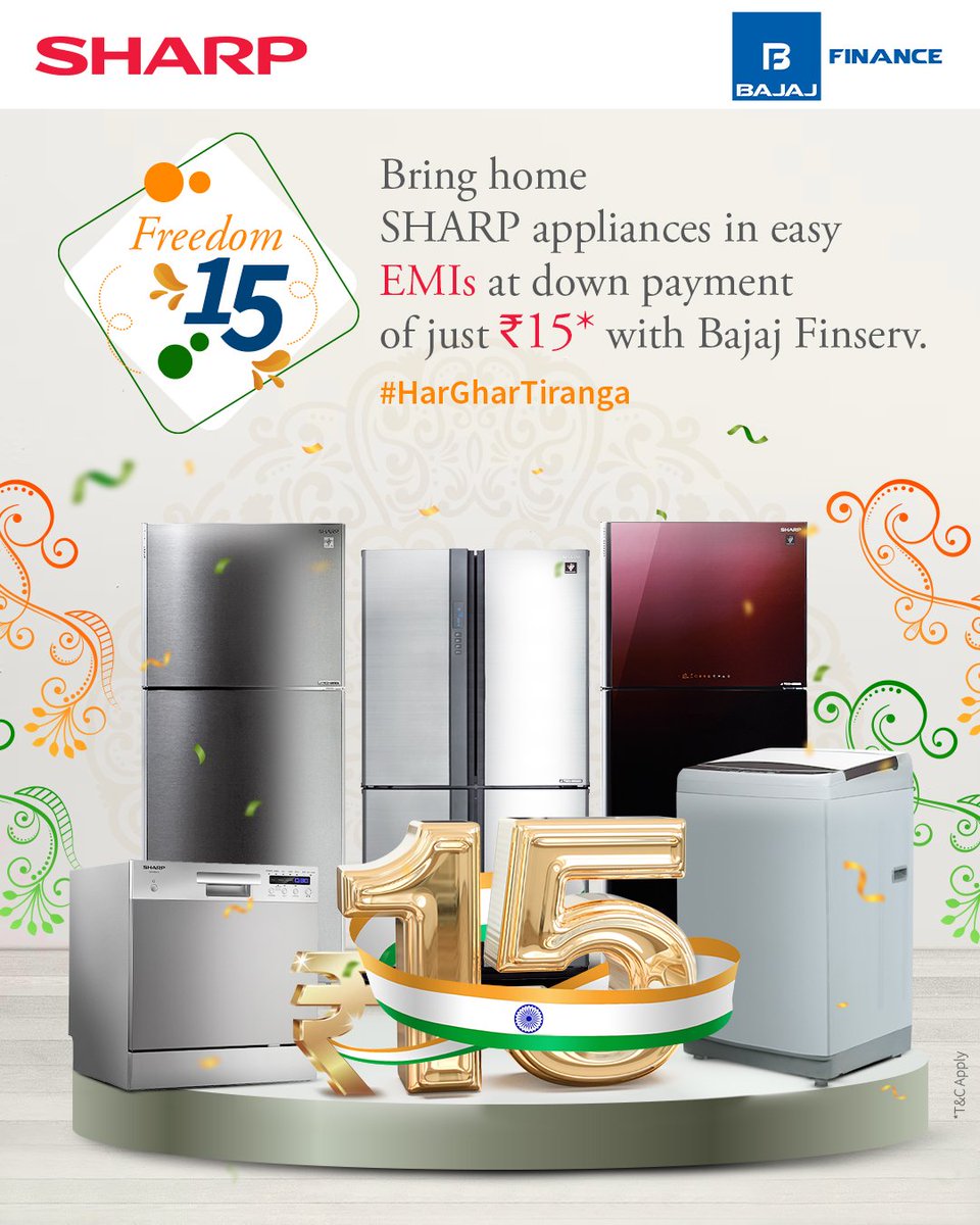 sharp_india_'s tweet photo. This Independence week indulge in the true joy of freedom with Bajaj Finserv.
#HappyIndependenceDay
#independencesale #independenceday #sale #salesalesale #independence #bestofferofalltime #offerison #bestsellers #bajajFinserv #joysaleofindependence https://t.co/4chCvT8DgC