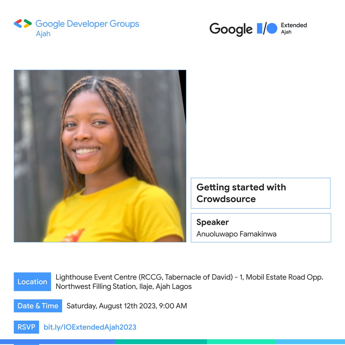 _mercyjae's tweet image. Super excited to be speaking at @GdgAjah today on "Getting started with crowdsource".
Steadily preaching the gospel of @crowdsourcenig🗣️🗣️🧎🧎
Looking forward to seeing y'all.
#gdg #Google #crowdsource #womenintech