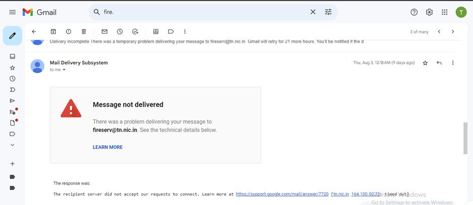 emails sent to this email id of @FireTamilnadu  ' fireserv@tn.nic.in ' are always 'bounced' 
@CMOTamilnadu