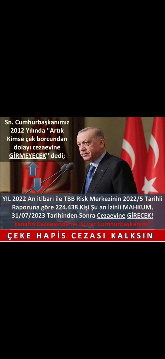 <a href="/Kml_Karadag/">Kemal Karadağ</a> Bide siz haber yapın 2012 den buyana çek yasasında ne degistiki esnafı hükümet hapise gönderiyor esnaf pandemi ve krizde battı iflas etti bi sorun canı gönülden bir twit atin <a href="/AACanli/">AA Canlı</a> <a href="/HurriyetEkonomi/">Hürriyet Ekonomi</a> @SozcuEkonomi <a href="/ankahabera/">ANKA Haber Ajansı</a>
