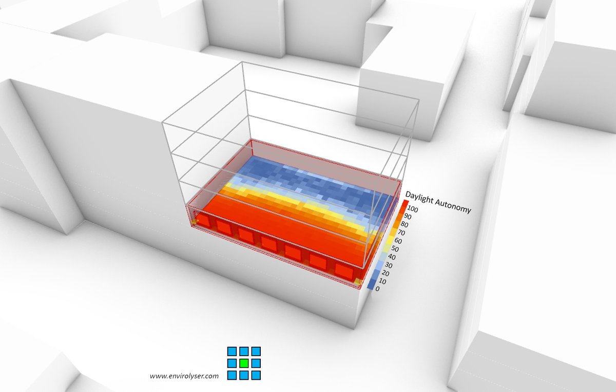 harsh_thapar's tweet image. 🏢⛅️ Try #daylight autonomy metric:  It quantifies the percentage of operational hours when sufficient natural light floods the space, reducing reliance on artificial lighting. A key to energy-efficient, productive, and comfortable workspaces. 💡 #buildingsimulation #envirolyser