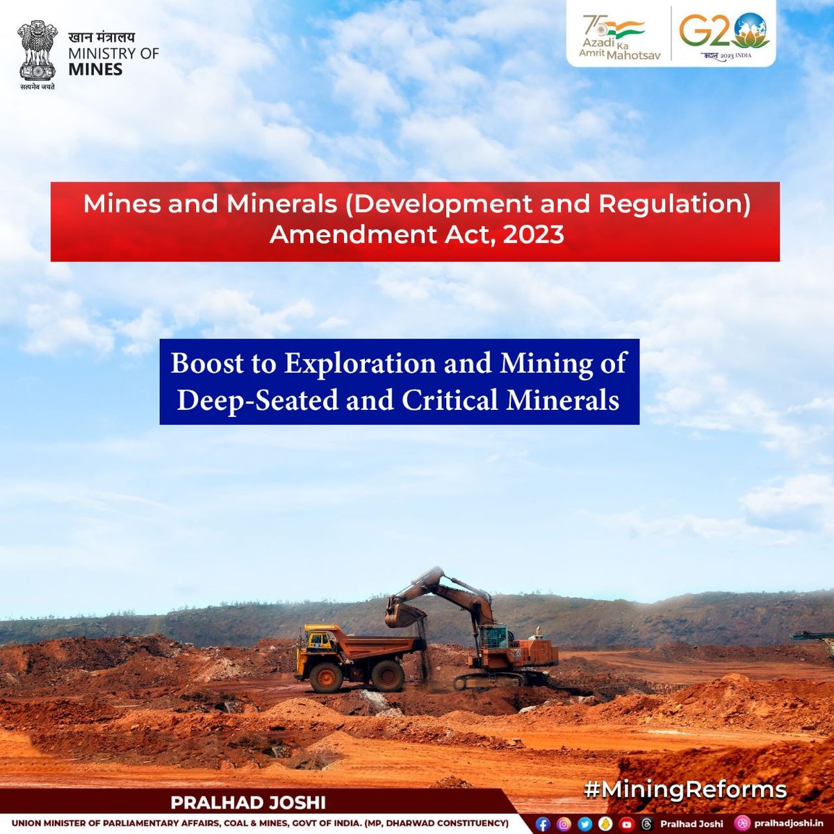 JoshiPralhad's tweet image. With the guidance of PM @narendramodi ji, MMDR (Amendment) Act 2023 has been passed. This will help provide exploration licence for deep-seated and critical minerals, facilitating finance &amp;amp; technology for deep-seated &amp;amp; critical minerals.
#AatmaNirbharBharat
#MiningReforms