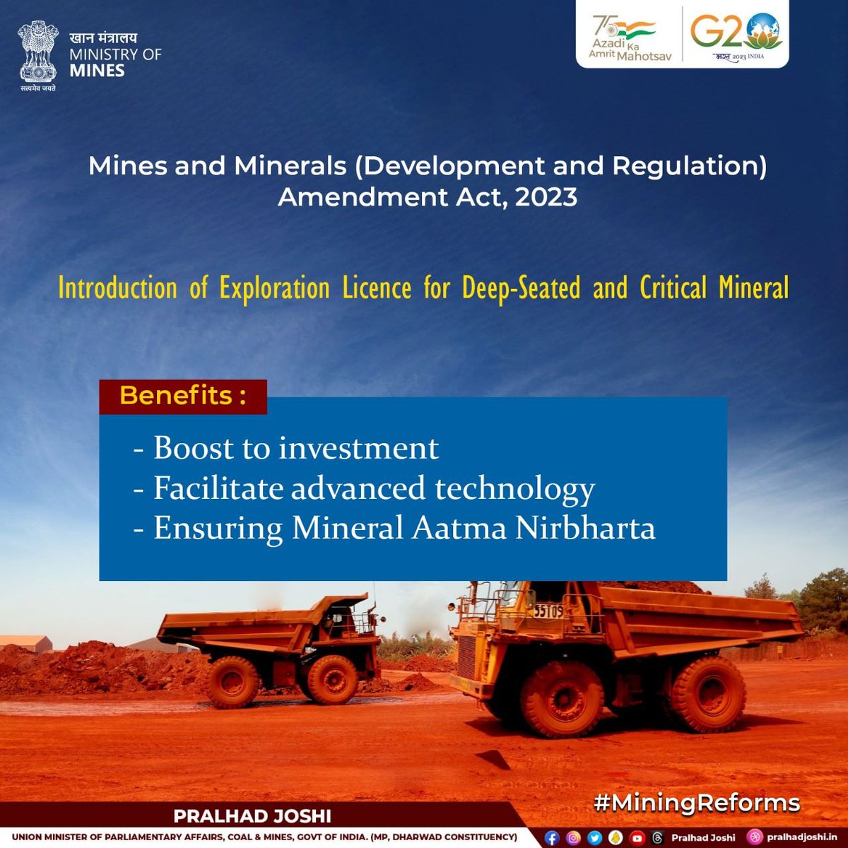 JoshiPralhad's tweet image. With the guidance of PM @narendramodi ji, MMDR (Amendment) Act 2023 has been passed. This will help provide exploration licence for deep-seated and critical minerals, facilitating finance &amp;amp; technology for deep-seated &amp;amp; critical minerals.
#AatmaNirbharBharat
#MiningReforms